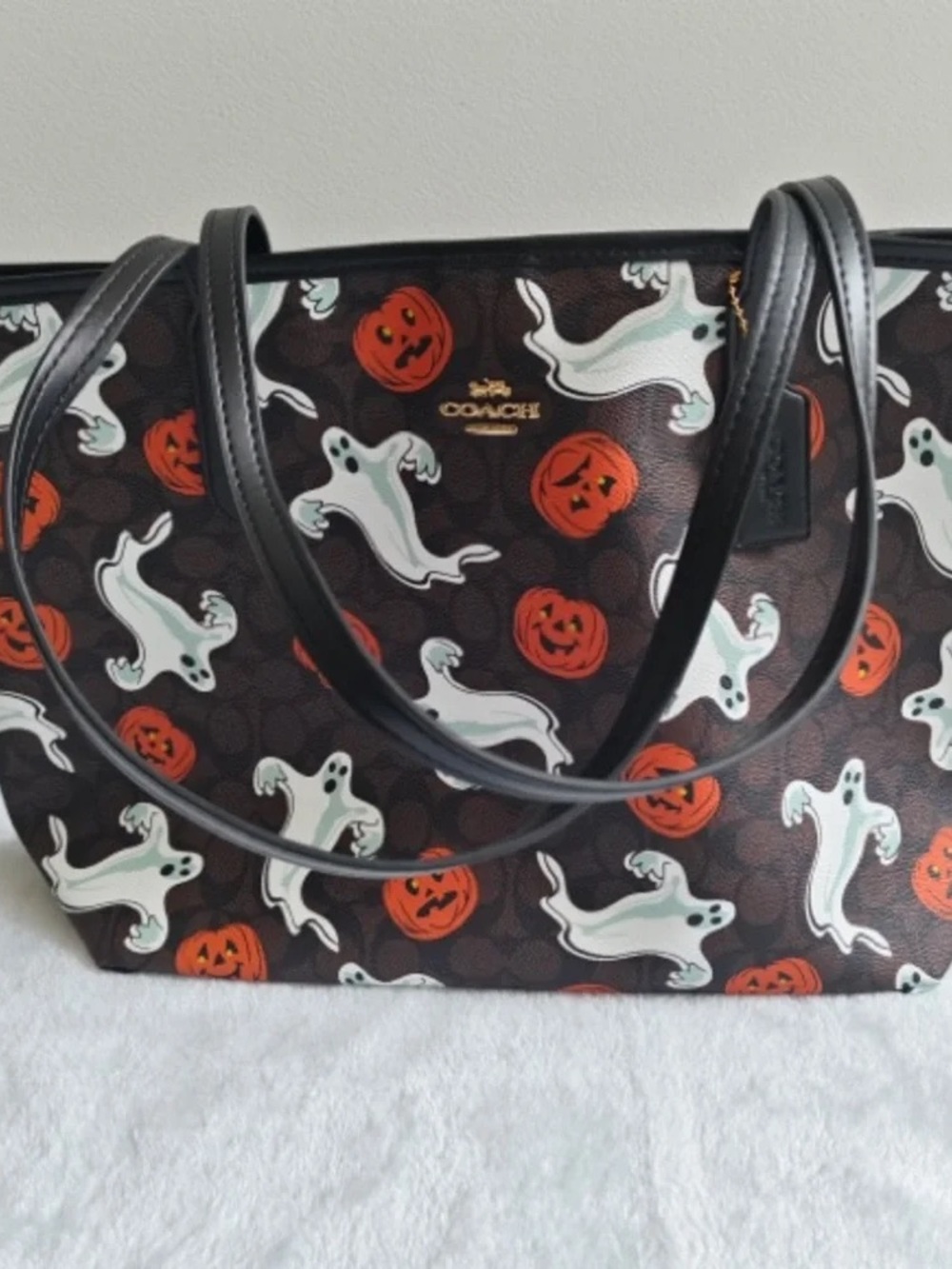 Coach Black Signature Halloween Tote with Orange Pumpkin & White Ghost Print